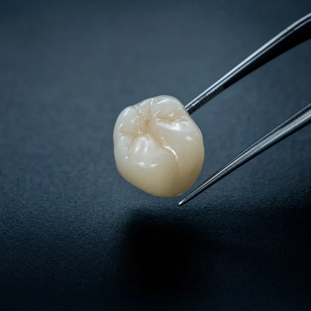 Finished zirconia dental crown held in tweezers over a dark surface
