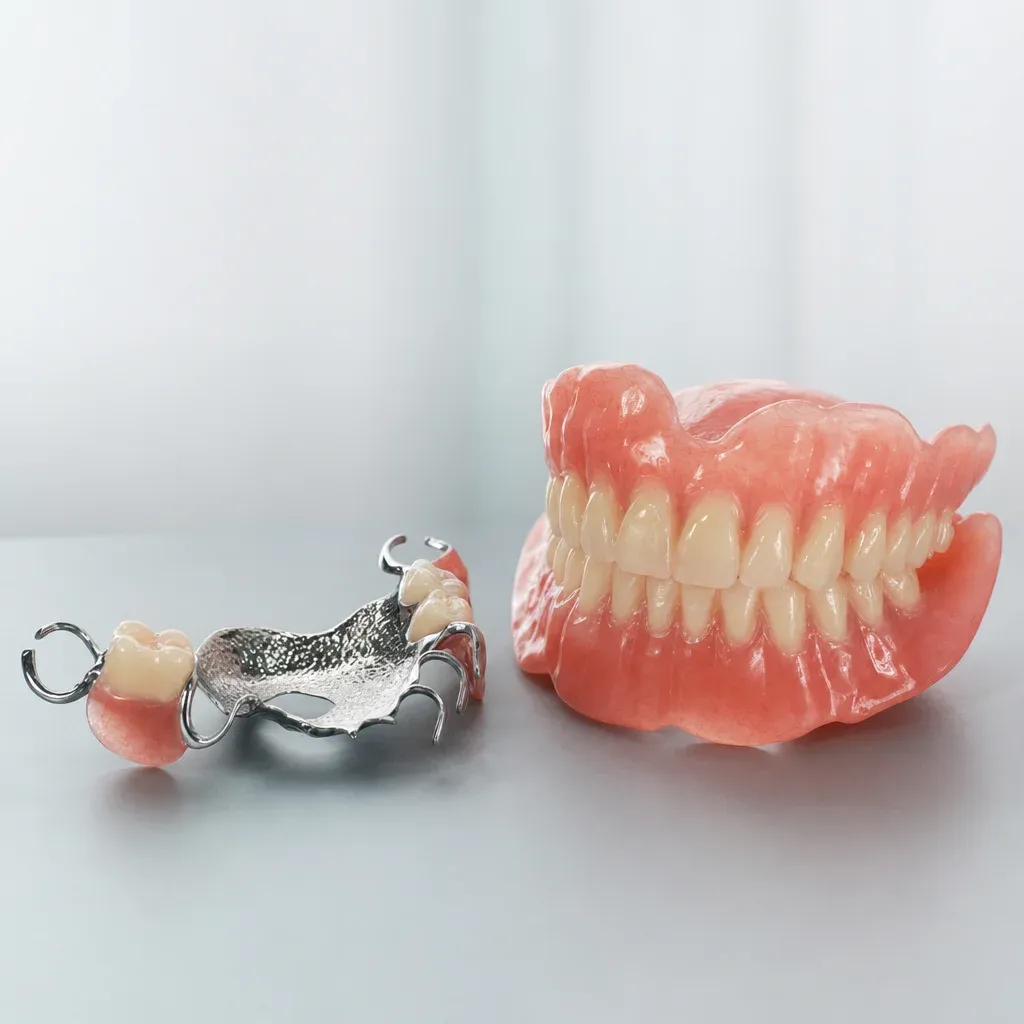 Cast metal partial denture framework with clasps beside a full acrylic denture with a pink gingival base