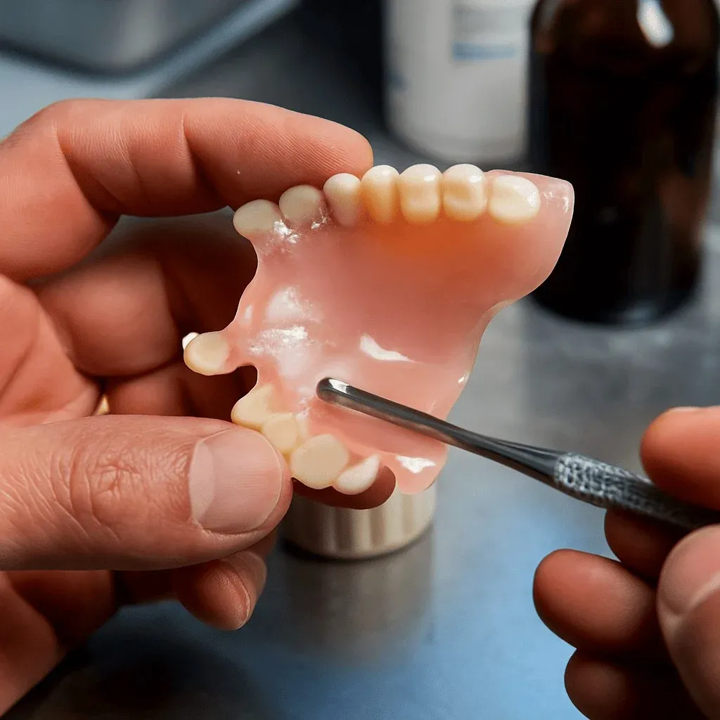 Metal mesh reinforcement positioned across a prepared denture base repair site before new acrylic is processed